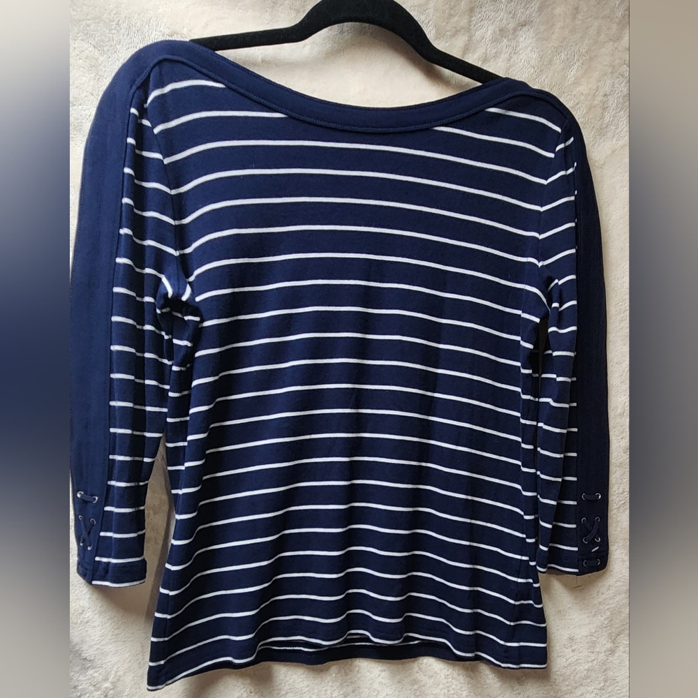 Chaps Blue and White Nautical Striped Fitted  Long Sleeve Women Large Shirt